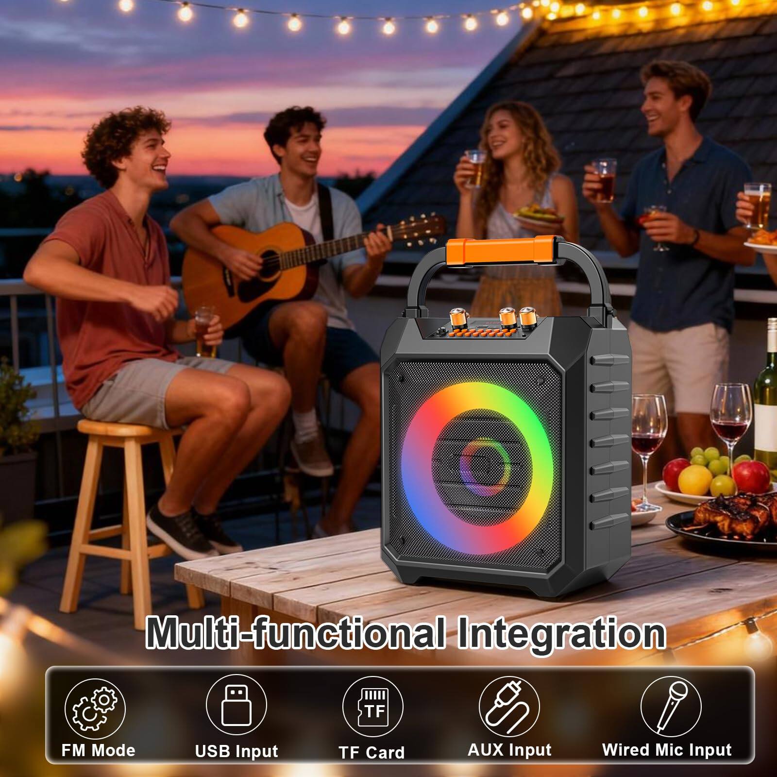 Multi-functional Integration

- FM Mode
- USB Input
- TF Card
- AUX Input
- Wired Mic Input