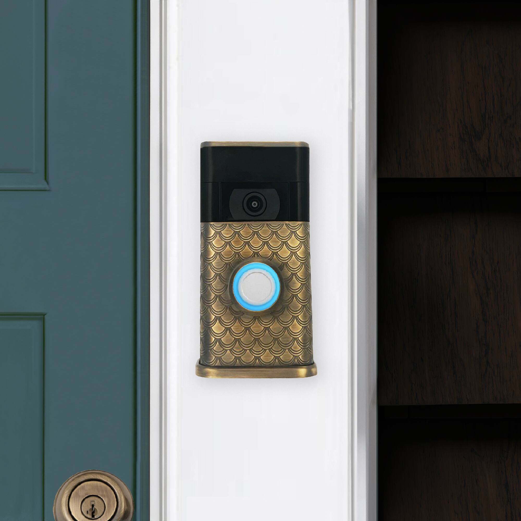 Alt View 3. Michael Healy - Scales Video Doorbell Cover (Ring 2nd Gen) - Antique Brass.