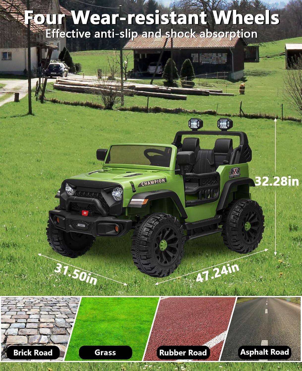 Four Wear-resistant Wheels  
Effective anti-slip and shock absorption  

32.28in  
31.50in  
47.24in  

Brick Road  
Grass  
Rubber Road  
Asphalt Road