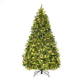 Costway - 7Ft Pre-Lit Christmas Tree Hinged 460 LED Lights Pine Cones - Green