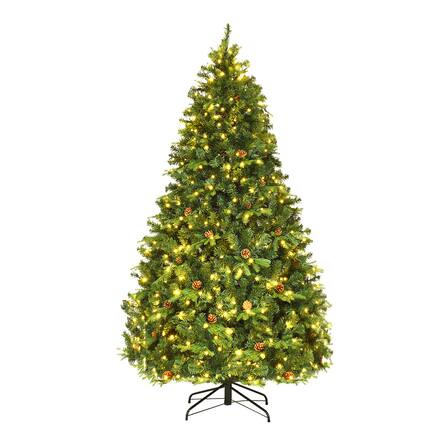 Front. Costway - 7Ft Pre-Lit Christmas Tree Hinged 460 LED Lights Pine Cones - Green.
