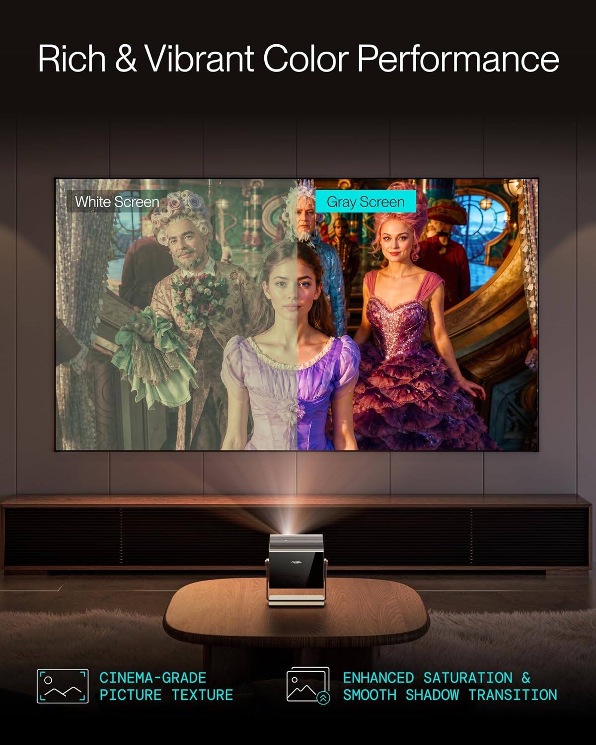 Rich & Vibrant Color Performance  
White Screen  
Gray Screen  
CINEMA-GRADE PICTURE TEXTURE  
ENHANCED SATURATION & SMOOTH SHADOW TRANSITION