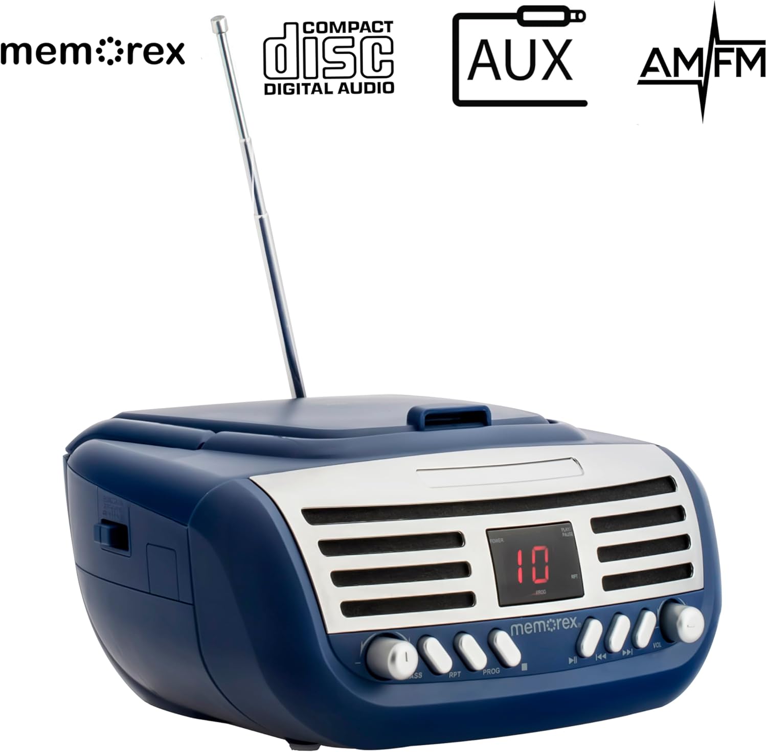 mem:::rex COMPACT DIGITAL AUDIO AUX AM/FM H4 RPT - 10  memorex H 144 PROG 144 R