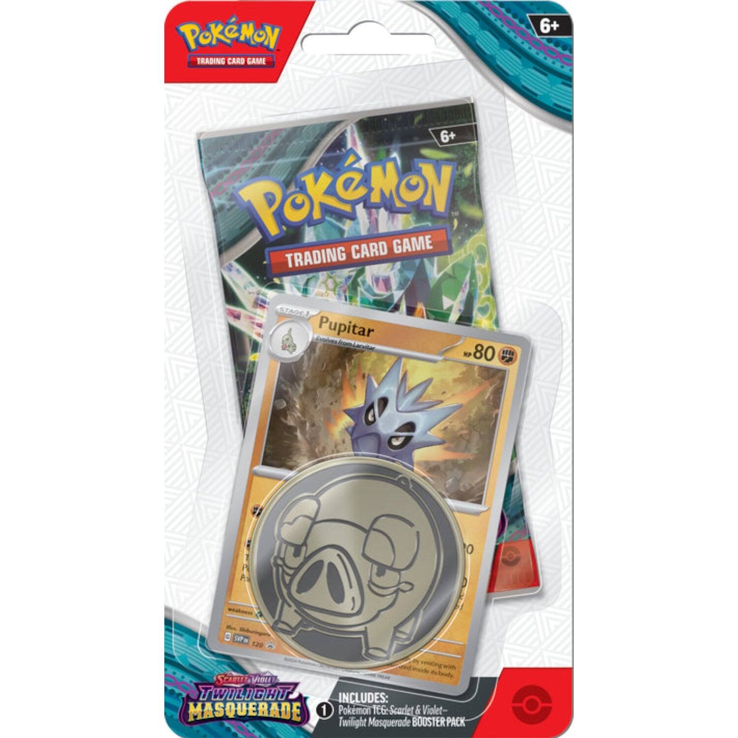 Pokémon Trading Card Game  
6+  

Pupitar  
HP 80  

Includes:  
1 Pokémon TCG: Scarlet & Violet - Twilight Masquerade Booster Pack  

Scarlet & Violet  
Twilight Masquerade
