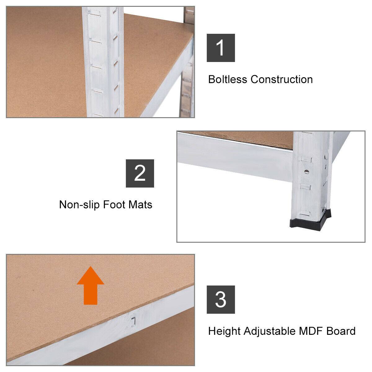 1. Boltless Construction  
2. Non-slip Foot Mats  
3. Height Adjustable MDF Board