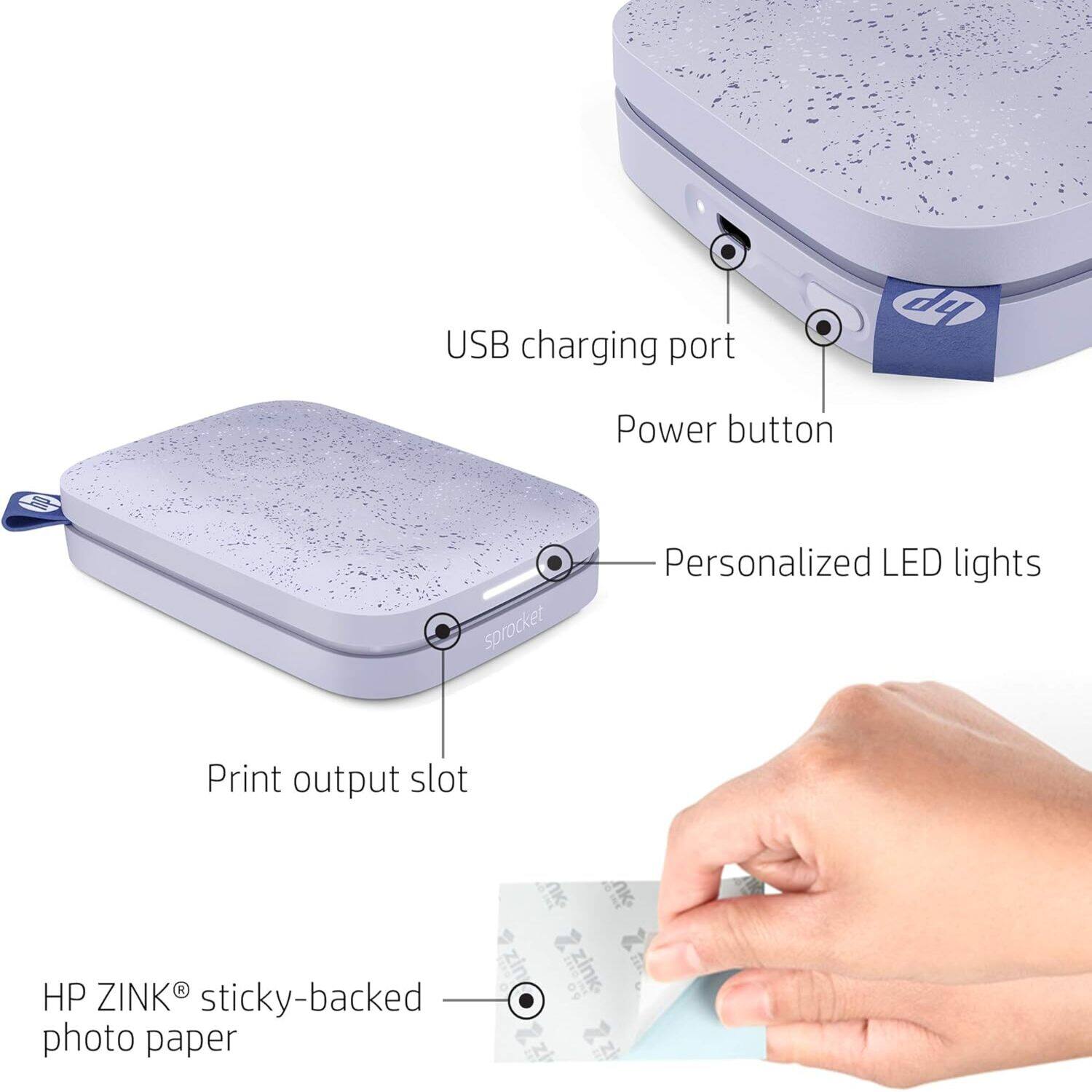 USB charging port, Power button, Personalized LED lights, Print output slot, HP ZINK sticky-backed photo paper