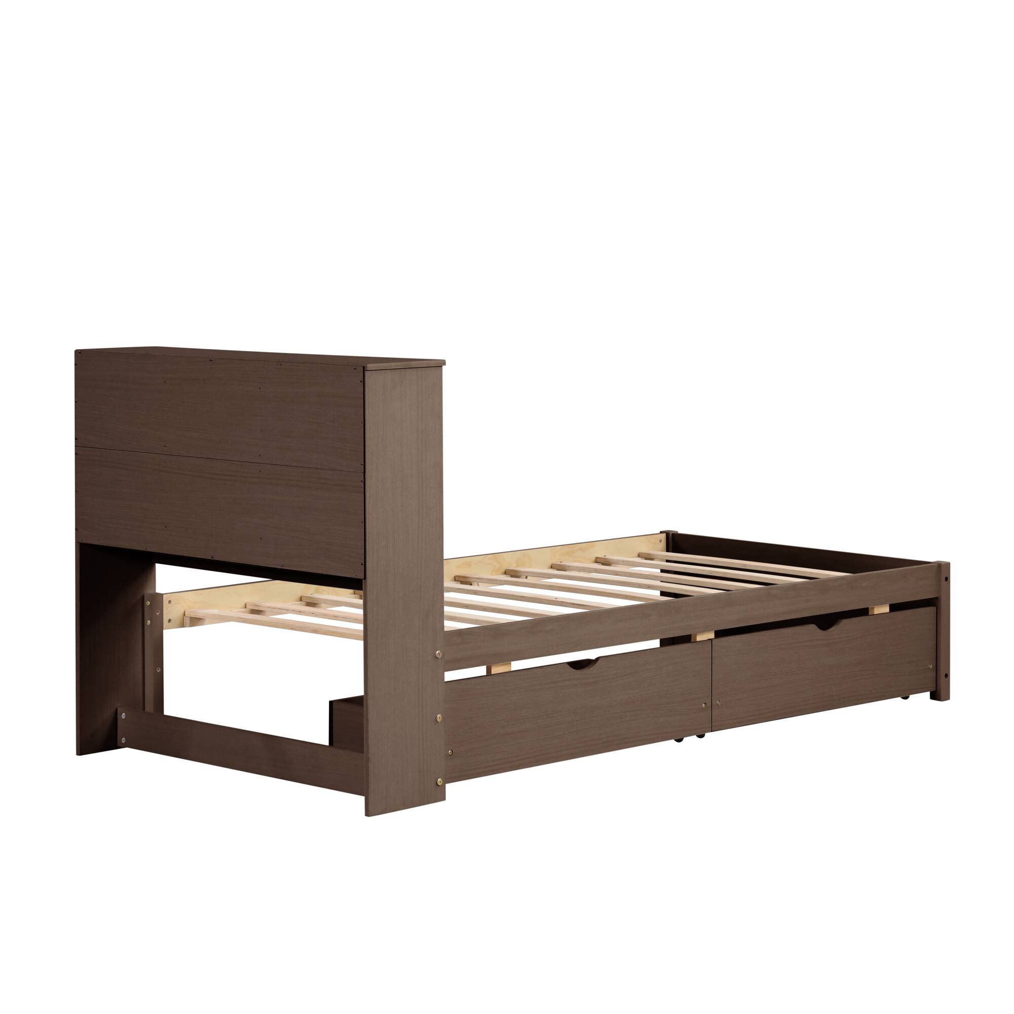 Alt View 7. GOODSILO - Contemporary Twin Size Bed Frame with USB Charging Port, Bookcase Headboard, and Underbed Storage Drawers - Walnut.