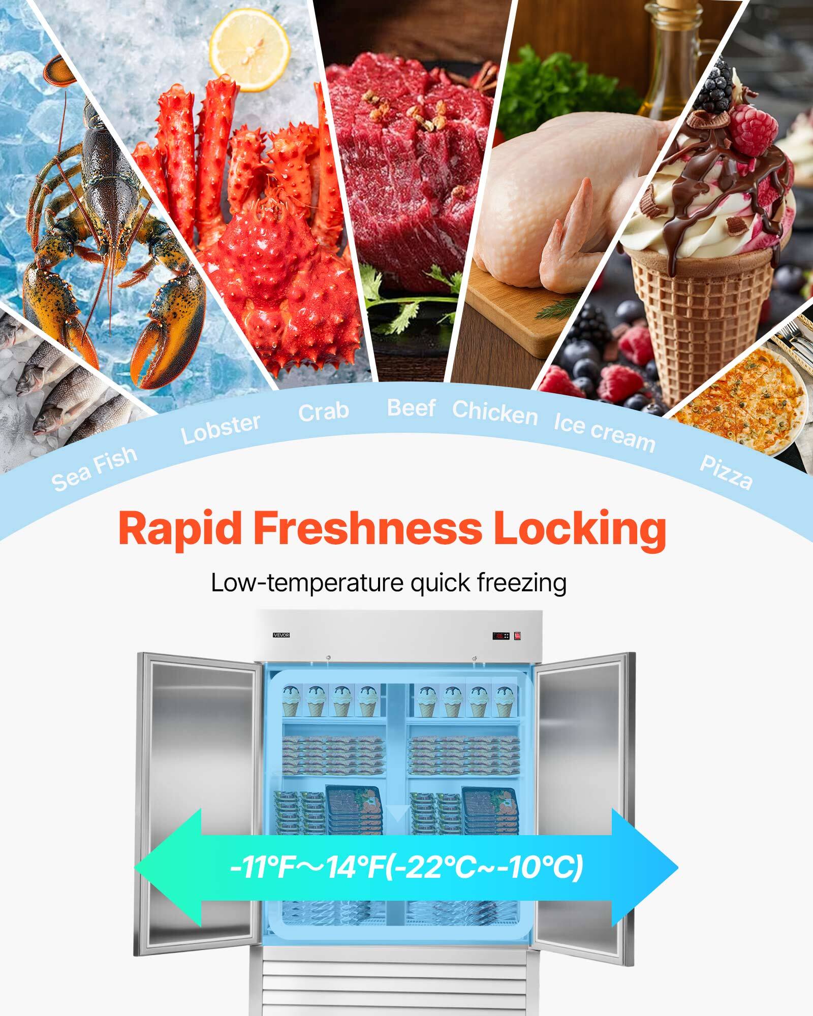 Crab, Beef, Chicken, Lobster, Ice cream, Fish, Pizza, Sea, Rapid Freshness Locking, Low-temperature quick freezing, -11F~14F(-22~-10C)