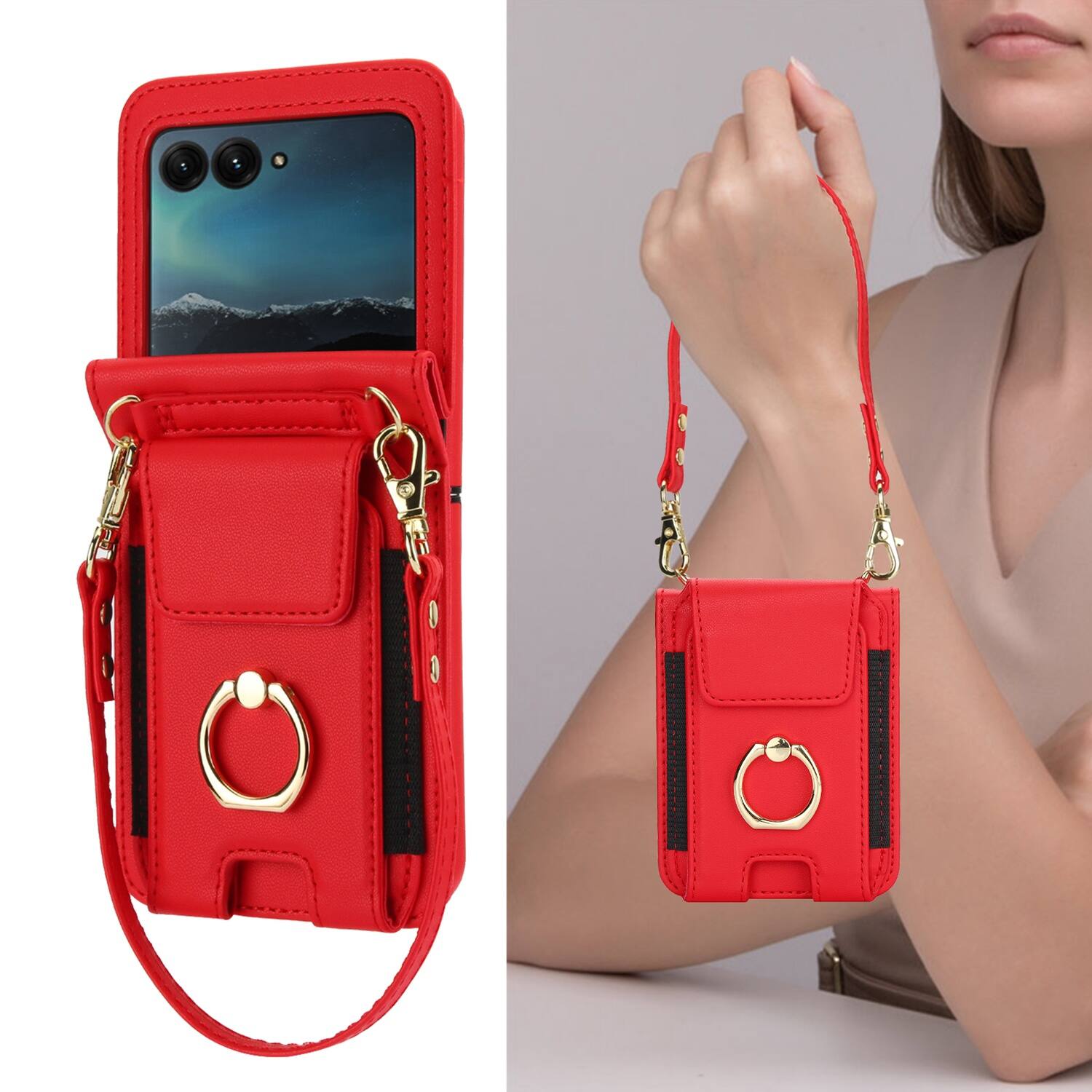 Alt View 2. Dteck - For Samsung Galaxy Z Flip8 Shockproof Leather Ring Kickstand Protective Wallet Case with Shoulder Strap / Lanyard - Red.