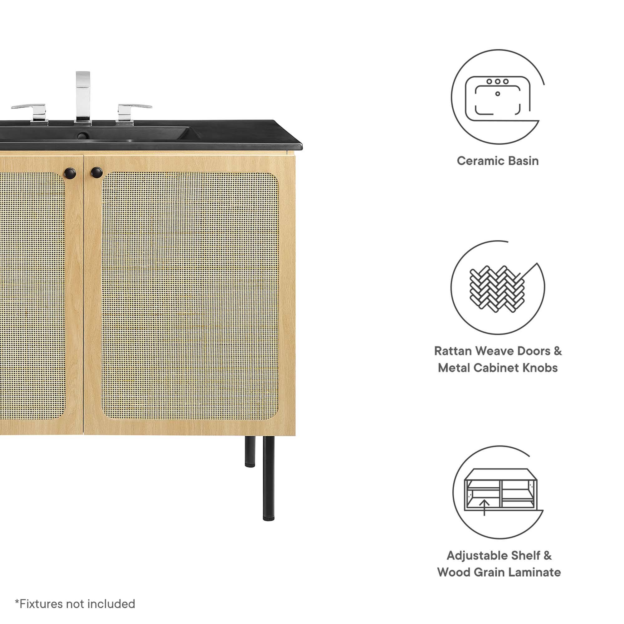 Ceramic Basin  
Rattan Weave Doors & Metal Cabinet Knobs  
Adjustable Shelf & Wood Grain Laminate  

*Fixtures not included