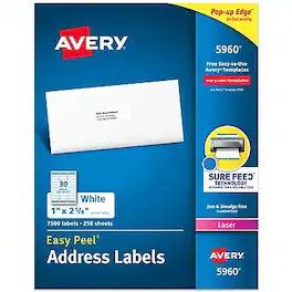 Avery - Easy Peel Laser Address Labels, 1" x 2 5/8", 7500 Labels/Box - Matte White