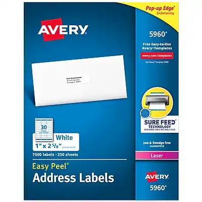 Pop-up Edge for easy peeling
AVERY 5960
Free Easy-to-Use Avery Templates
avery.com/templates
30 SURE FEED TECHNOLOGY DESIGNS
White
1" x 2 5/8" (actual size)
7500 labels - 250 sheets
Easy Peel Address Labels
Laser
Jan & Smudge Free GUARANTEED
AVERY 5960
