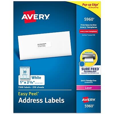 Pop-up Edge for easy peeling

AVERY 5960

Free Easy-to-Use Avery Templates
avery.com/templates

30 SURE FEED TECHNOLOGY DESIGNS

White
1" x 2 5/8" (actual size)
7500 labels - 250 sheets

Easy Peel Address Labels

Laser

Jan & Smudge Free GUARANTEED

AVERY 5960
