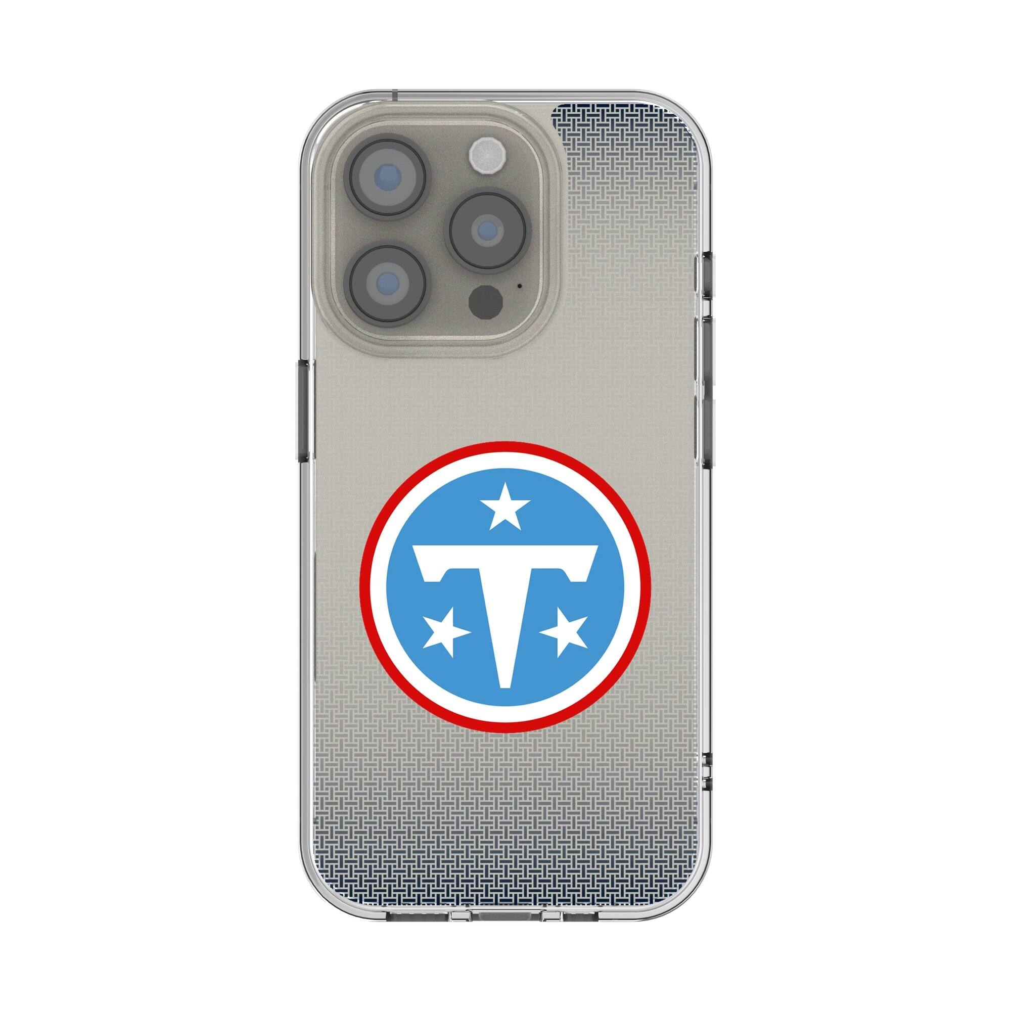 Front. Keyscaper - Tennessee Titans Linen Logo iPhone Clear Case - 14 Plus - Multicolor.