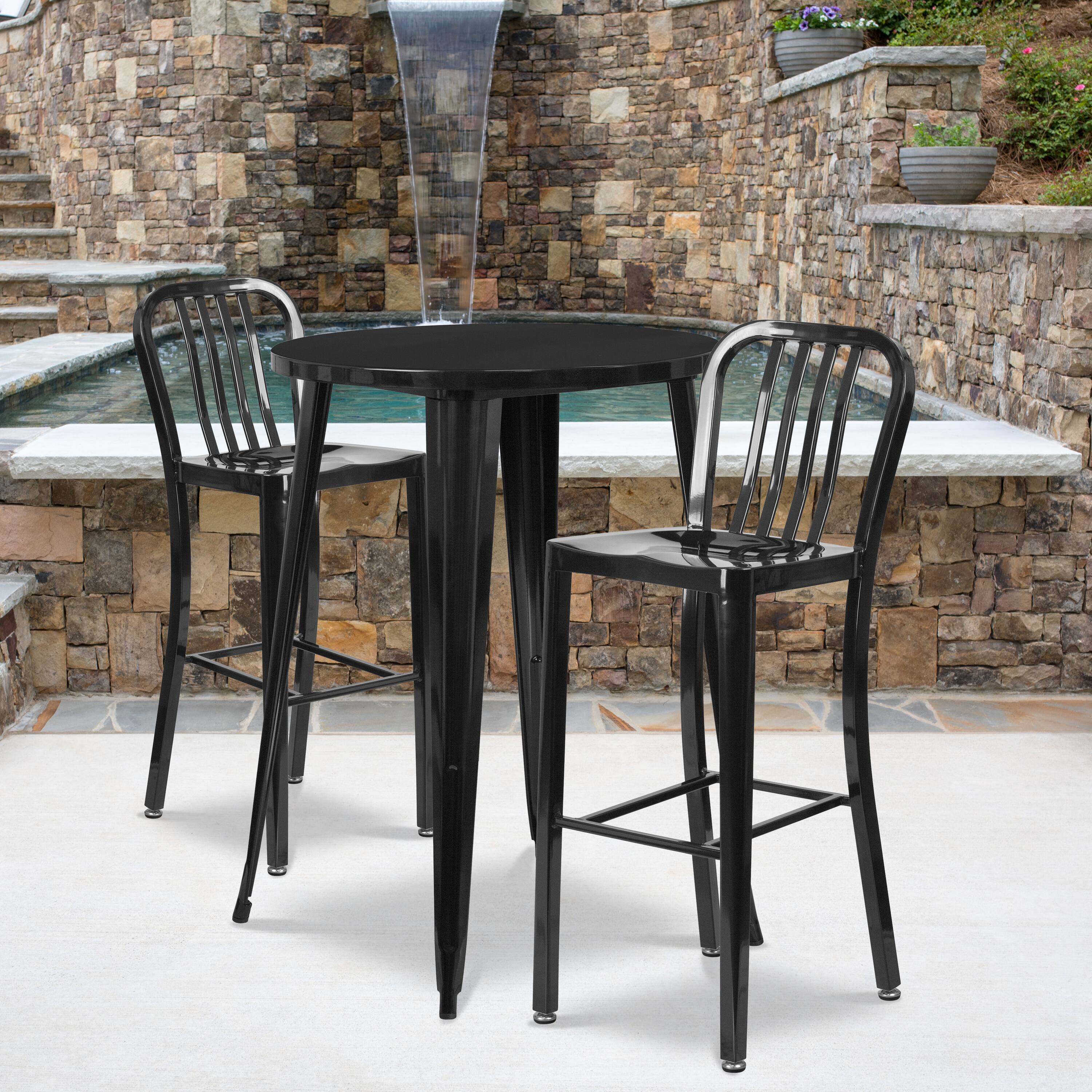 Alt View 1. Emma + Oliver - Commercial 30" Round Metal Indoor-Outdoor Bar Table Set & 2 Slat Back Stools - Black.