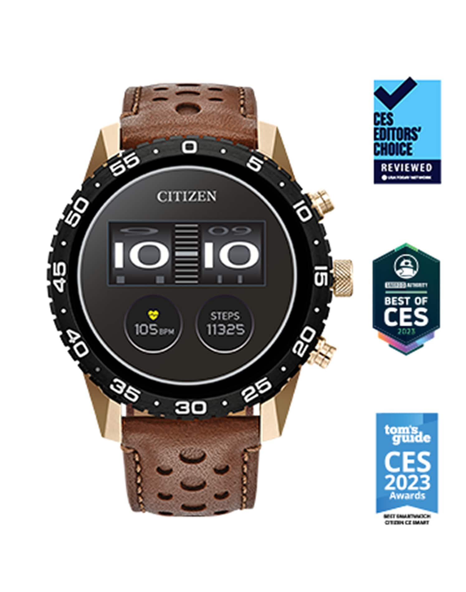 Citizen – CZ Smart 45mm Unisex IP Stainless Steel Sport Smartwatch with Perforated Leather Strap – Gold Sansujyuku sansujyuku.com