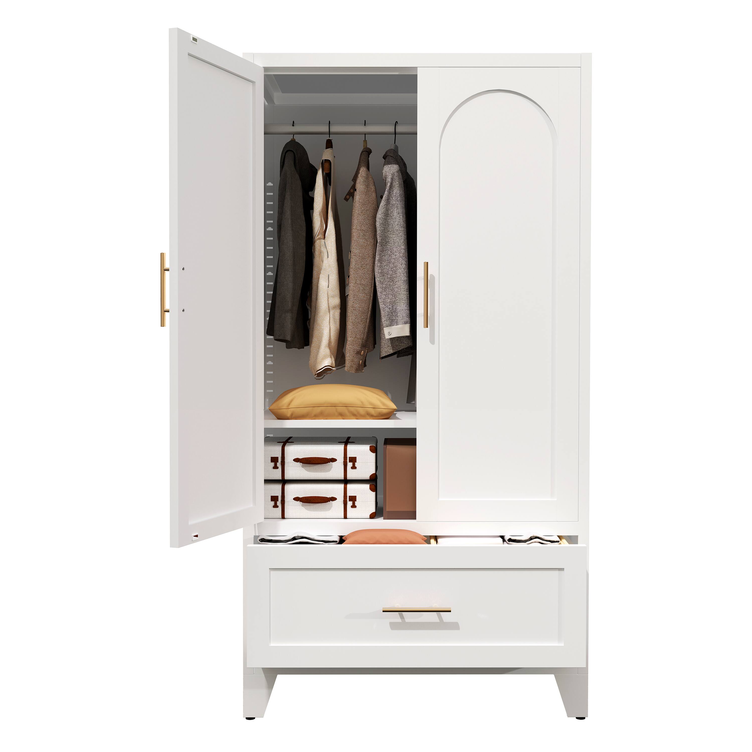 Alt View 6. Z-Edge - Metal Wardrobe Cabinet with Drawer and 2 Doors, 60" Tall Steel Armoire Wardrobe Closet with Hanging Rod for Bedroom - White.
