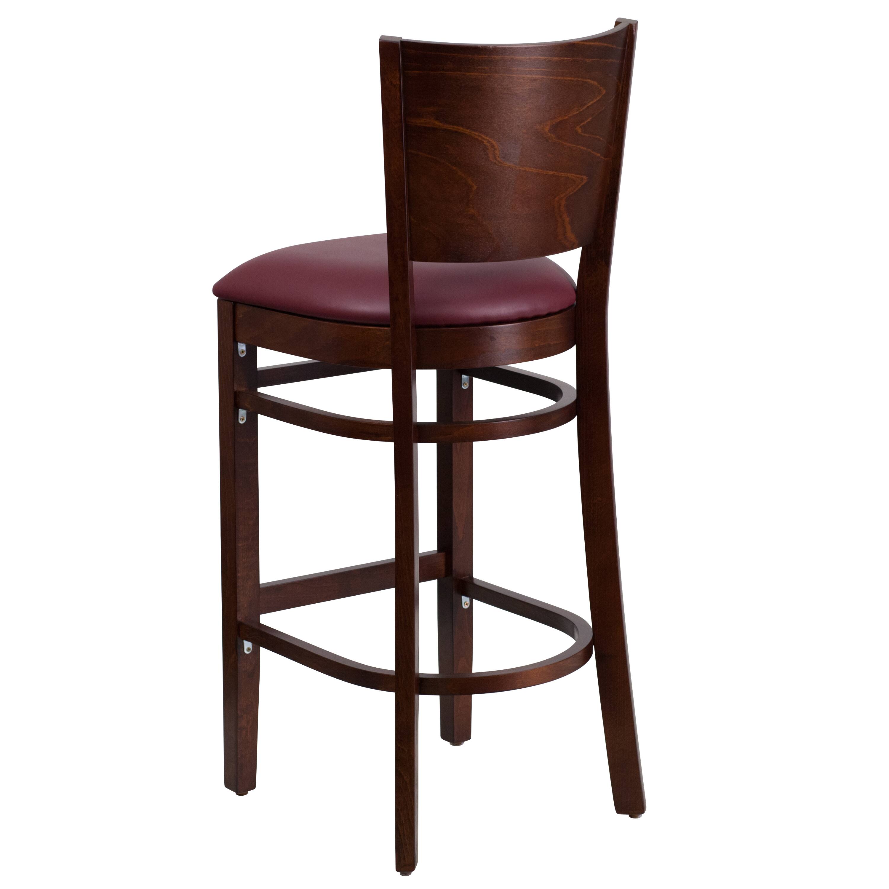 Alt View 2. Emma + Oliver - Solid Back Wooden Restaurant Dining Barstool - Burgundy Vinyl Seat/Walnut Wood Frame.