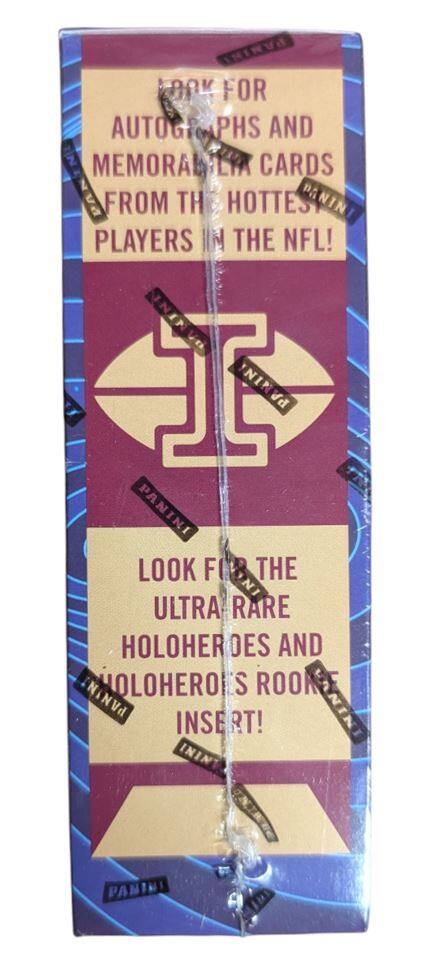 Sure, here is the corrected text from the image:

---

**Top Section:**
- "LOOK FOR AUTOGRAPHS AND MEMORABILIA CARDS FROM THE HOTTEST PANINI PLAYERS IN THE NFL!"

**Middle Section:**
- "PANINI"

**Bottom Section:**
- "LOOK FOR THE ULTRA RARE HOLOHEROES ROOKIE CARDS AND HOLOHEROES ROOM INSERT!"

---