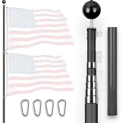 Front. G128 - 25 ft Telescoping Aluminum Flagpole, Black, In-Ground Heavy-Duty Telescopic Pole - Black.