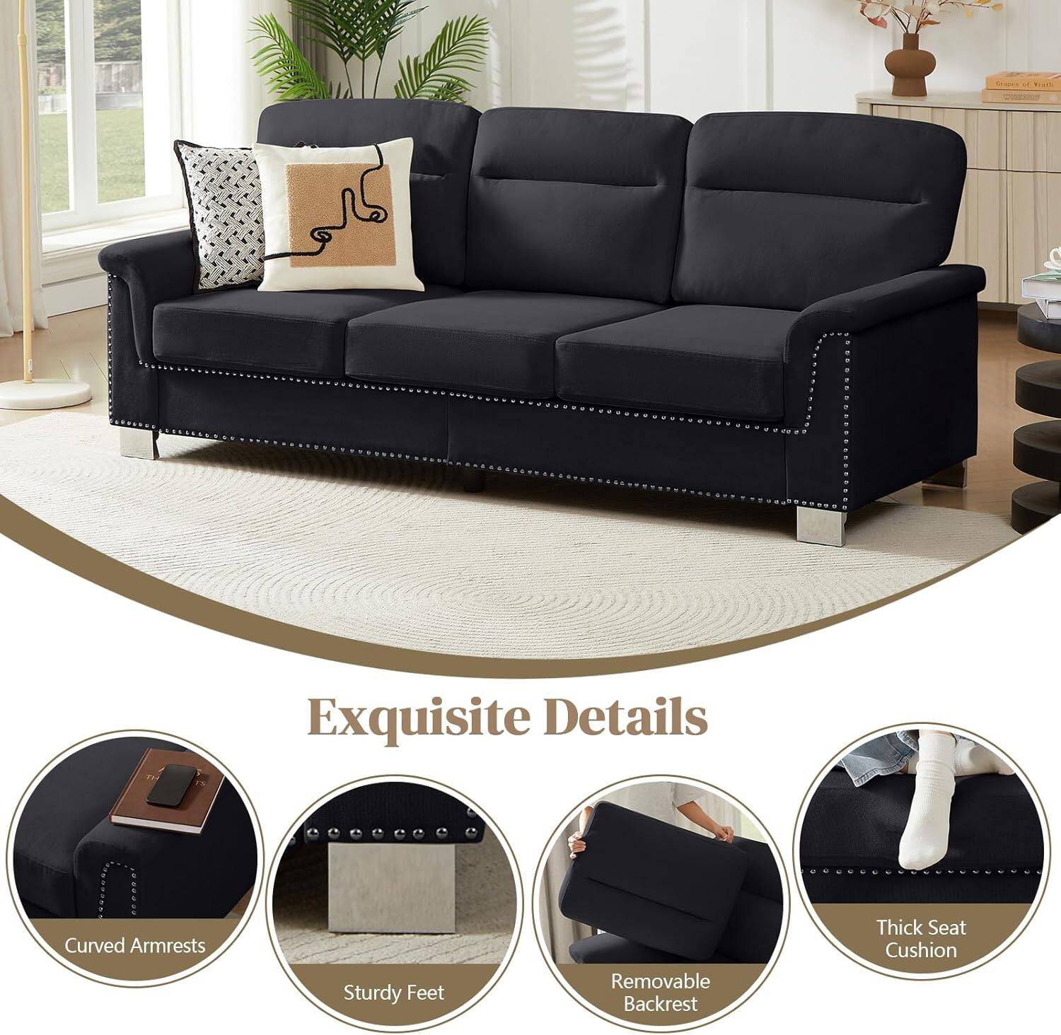 - Exquisite Details
  - Curved Armrests
  - Sturdy Feet
  - Removable Backrest
  - Thick Seat Cushion