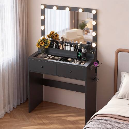 Winado - All-in-One Vanity Desk Glass Visual Desktop with Mirror & 3 Colors Lights & USB Ports Dressing Table - Black