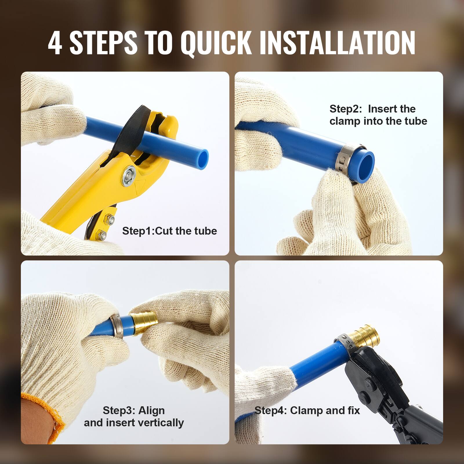 4 STEPS TO QUICK INSTALLATION

Step1: Cut the tube

Step2: Insert the clamp into the tube

Step3: Align and insert vertically

Step4: Clamp and fix