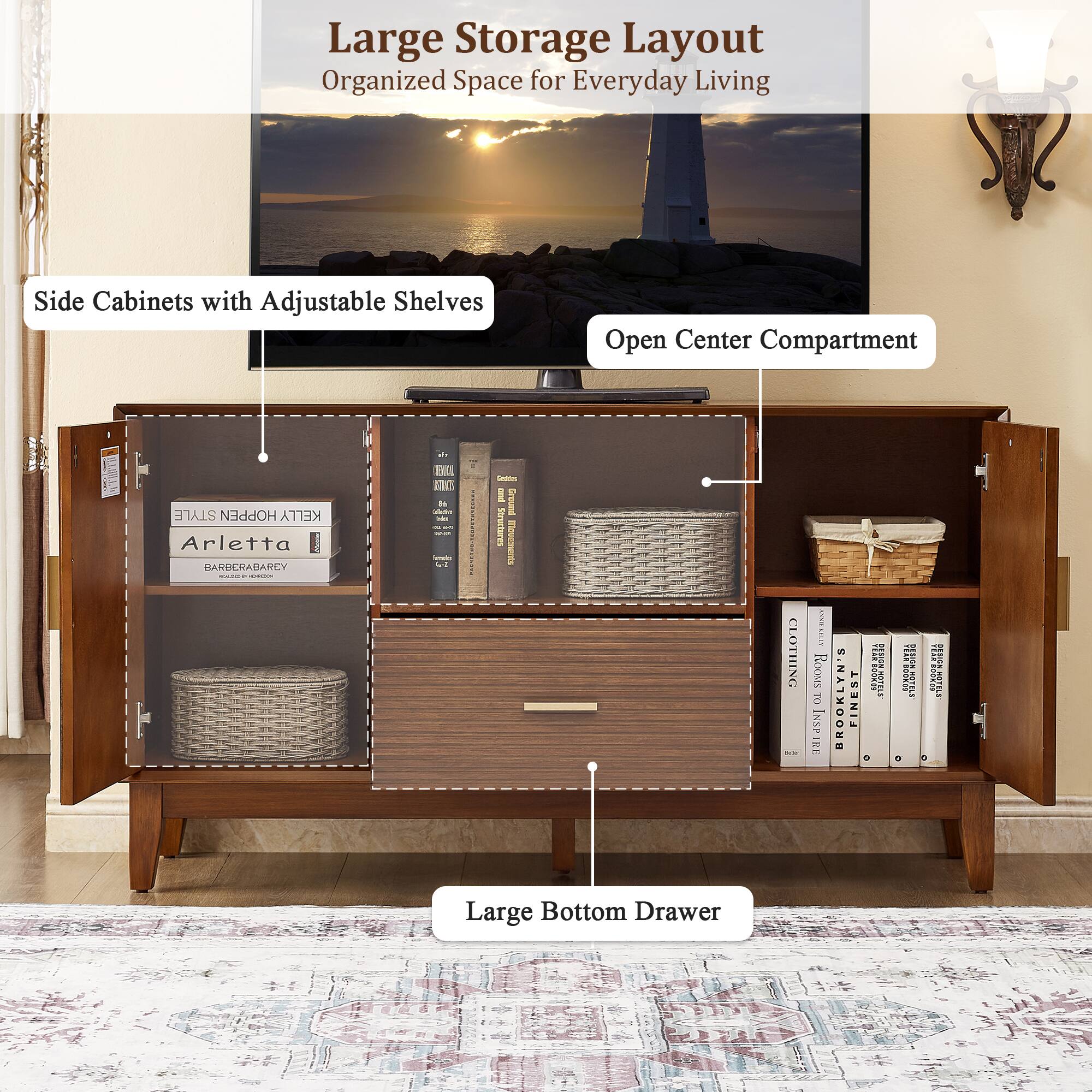 Large Storage Layout  
Organized Space for Everyday Living  
Side Cabinets with Adjustable Shelves  
Open Center Compartment  
STYLE HOPPEN KELLY Arletta ARUERADARLY  
1 Greuns Samurtures  
CLOTHING  
ROOMS TO INSPIRE BROOKLYN'S FINEST  
Large Bottom Drawer