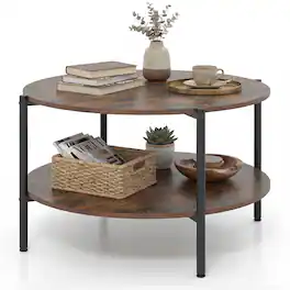Gymax - Round Coffee Table w/Open Storage Shelf Circle Cocktail Table for Living Rooms - Brown