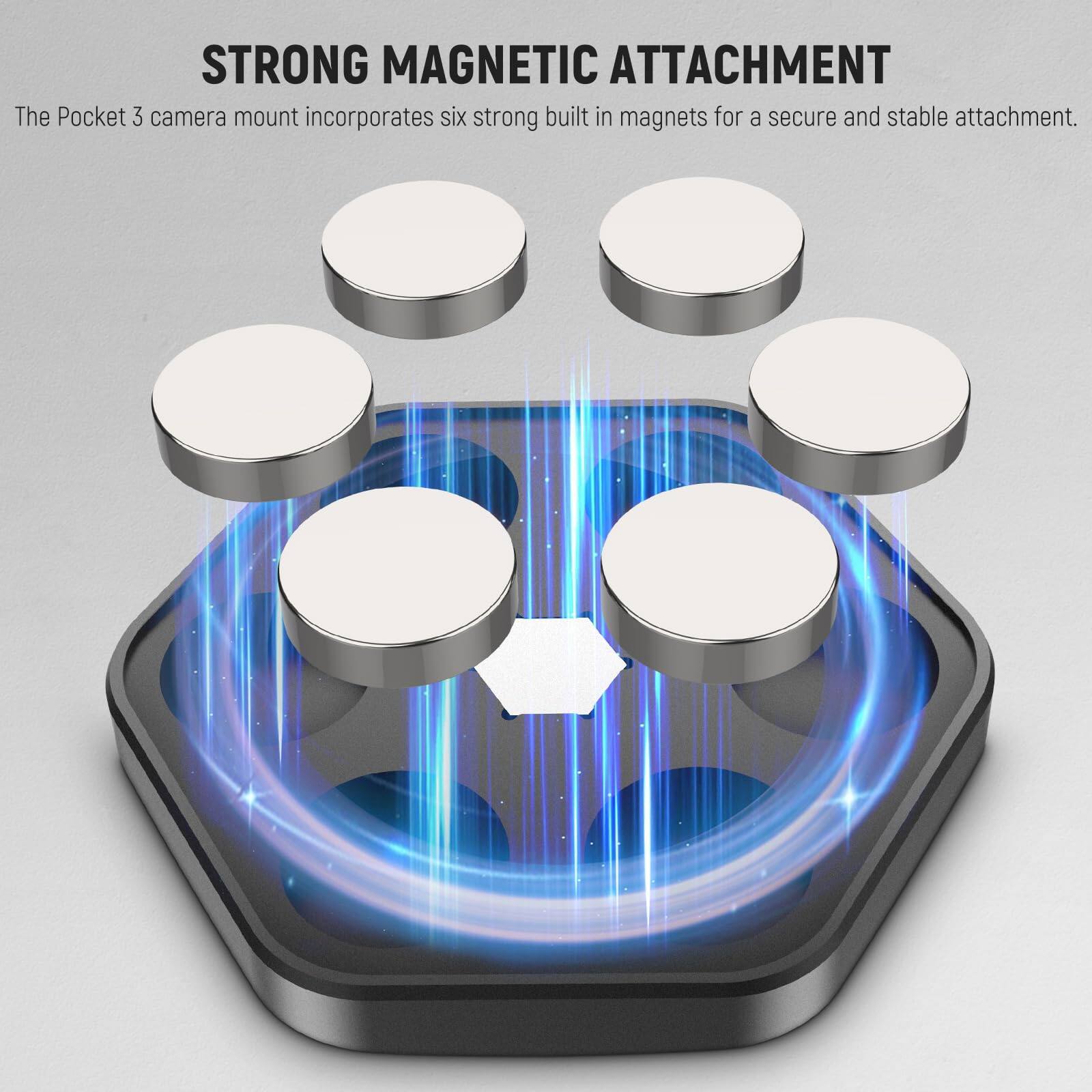 STRONG MAGNETIC ATTACHMENT

The Pocket 3 camera mount incorporates six strong built-in magnets for a secure and stable attachment.