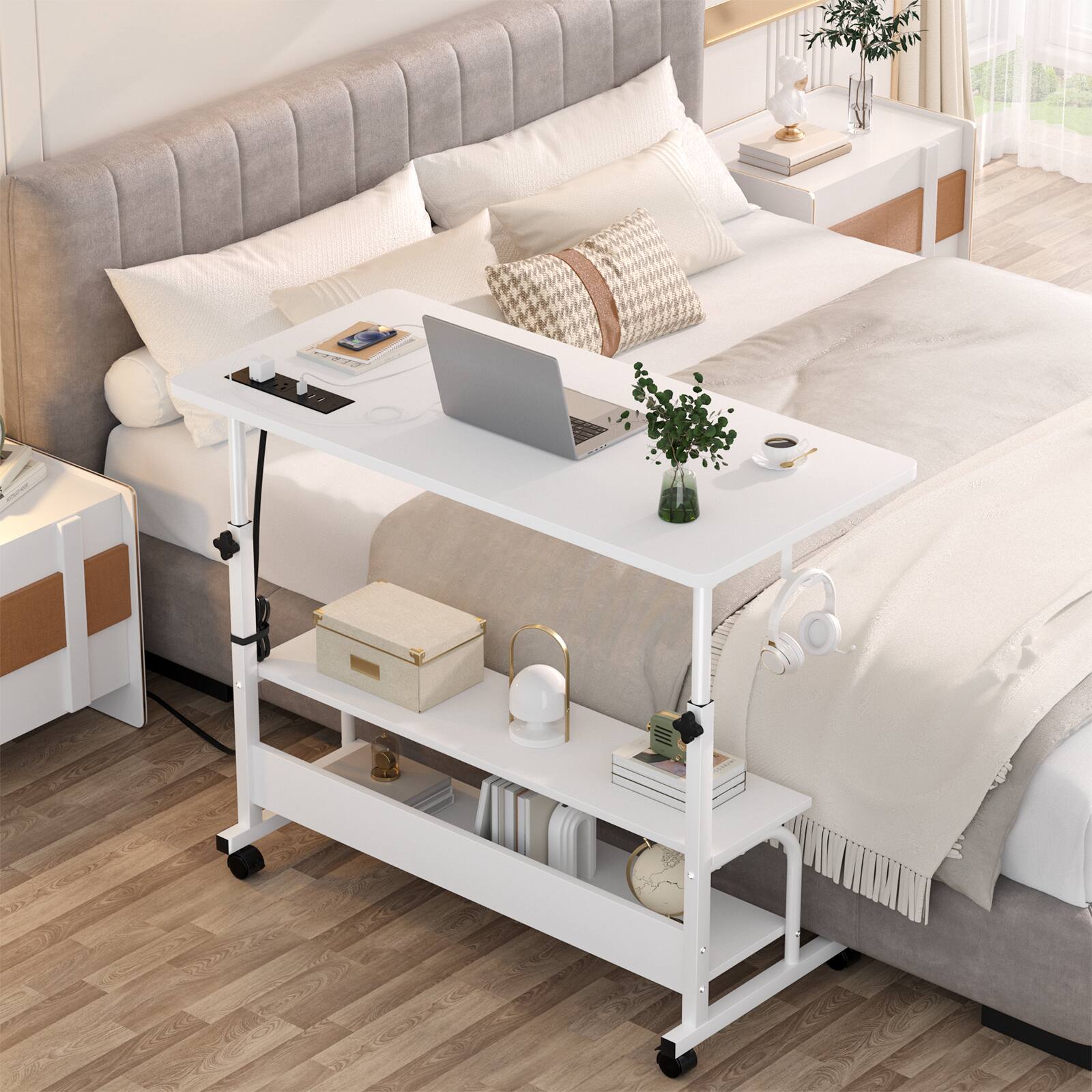 Left. Aheaplus - Small Height Adjustable Standing Desk with Power Outlets and Shelves, Max Height 41 Inches - White.