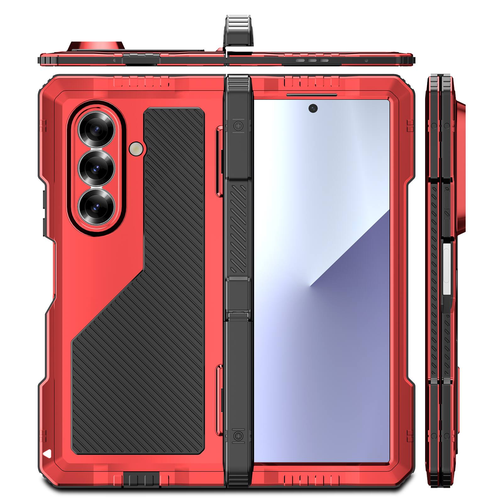 Angle. Dteck - Built-in Screen Protector For Samsung Galaxy Z Fold 6 Heavy Duty Case with Hinge Protection Cover Fold Kickstand - Red.