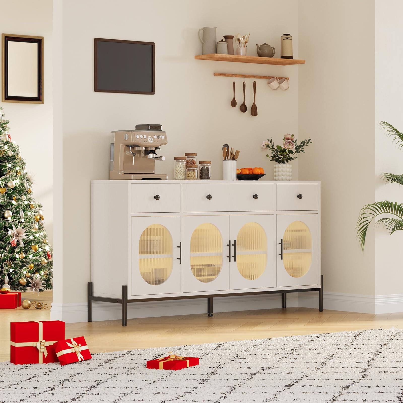 Acekool - 62" Large Modern Farmhouse Sideboard Buffet Cabinet with 4 Doors, 3 Drawers, Wooden Coffee Bar Storage Cabinet - White