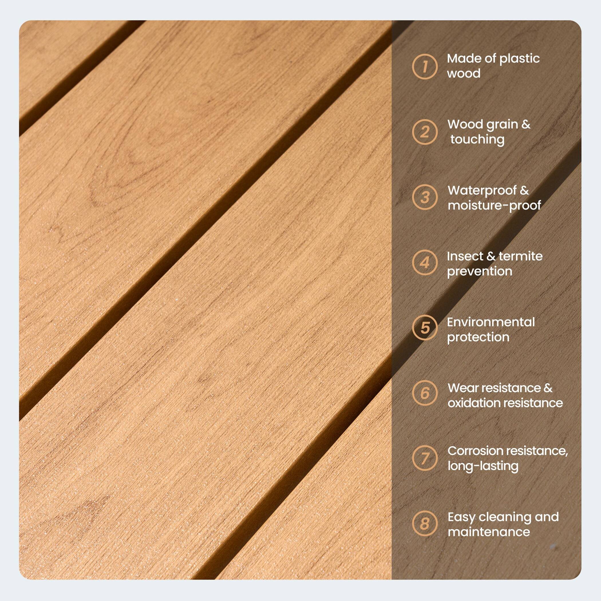1. Made of plastic wood
2. Wood grain & touching
3. Waterproof & moisture-proof
4. Insect & termite prevention
5. Environmental protection
6. Wear resistance & oxidation resistance
7. Corrosion resistance, long-lasting
8. Easy cleaning and maintenance