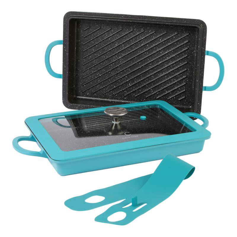 Front. Curtis Stone - Curtis Stone 13-in-1 Dura-Pan+ Sauté Pan with Grill Pan and Lid Turquoise - Turquoise.