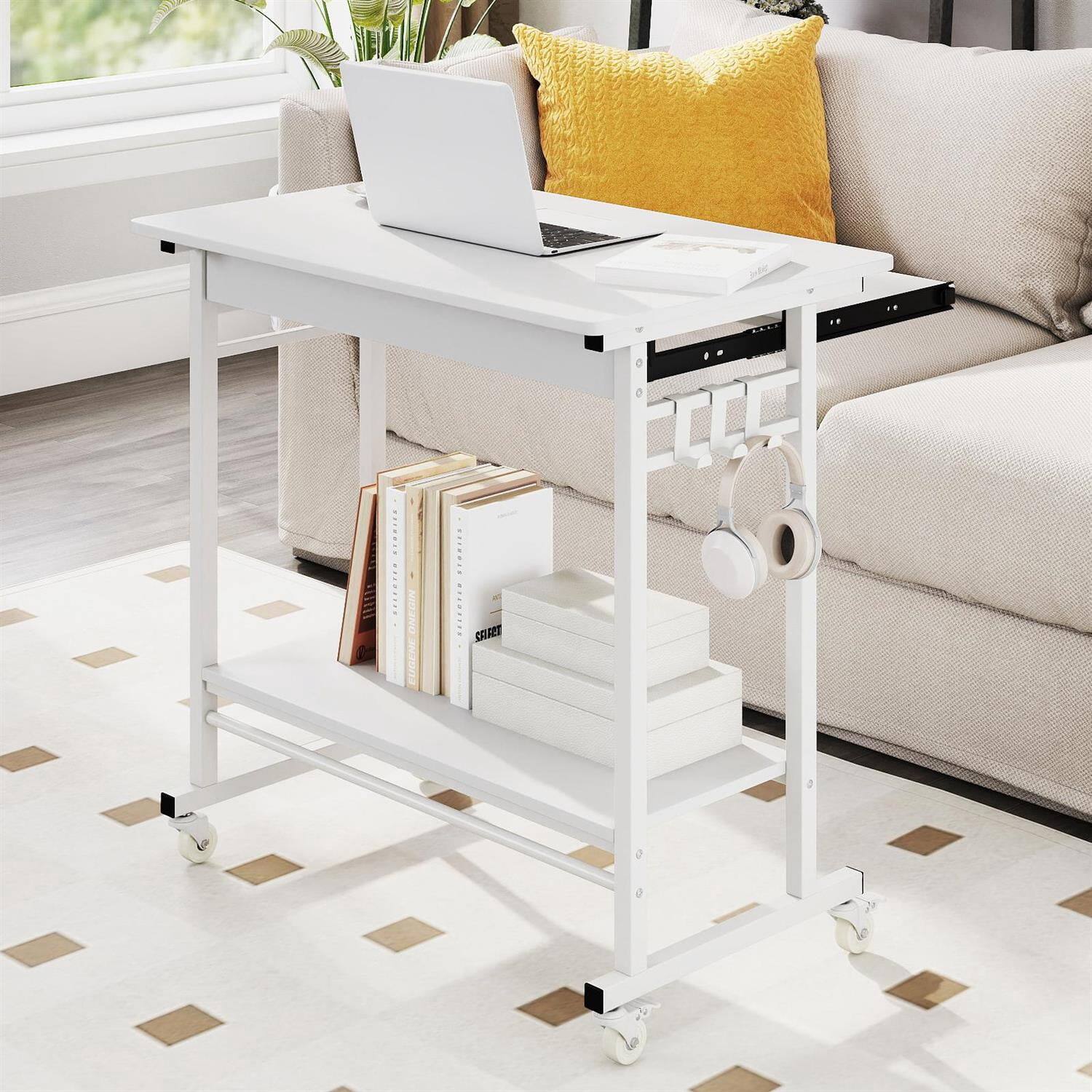 Left. Pefilos - Rolling Laptop Table with Pull-out Keyboard Tray & Hooks, Mobile Storage Desk for Home Office Bedroom Dorm, Casters - White.