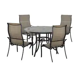 Mondawe - 5-Piece Outdoor Dining Set with 48-Inch Round Table and 4 Cast Aluminum Teslin Chairs - Black+Bronze