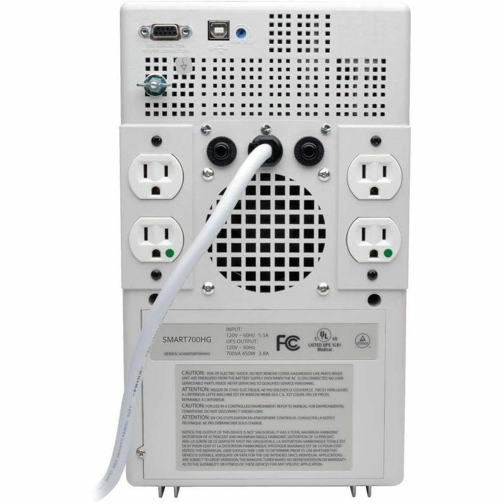 INPUT 120V 60HZ 5.5A  
OUTPUT: 120V 60HZ 700VA 4SOW 3.8A  
SMART700HG  
FC LISTED Medical SPS  
TE8  
CAUTION  
UNIT - ATTENTION VE A N SAFTERT - N MANCHE CONR HAZME  
MaTs NER K & DISCTNC NTSES COUVERELE  
CAUTION - CONCITIONS AT ATTENTION CAS TECHNOIE PAL IN THE ALLA - PERCINT LA SNGLE INT SPERCENT VAL ALTO VARIATION DEVERS