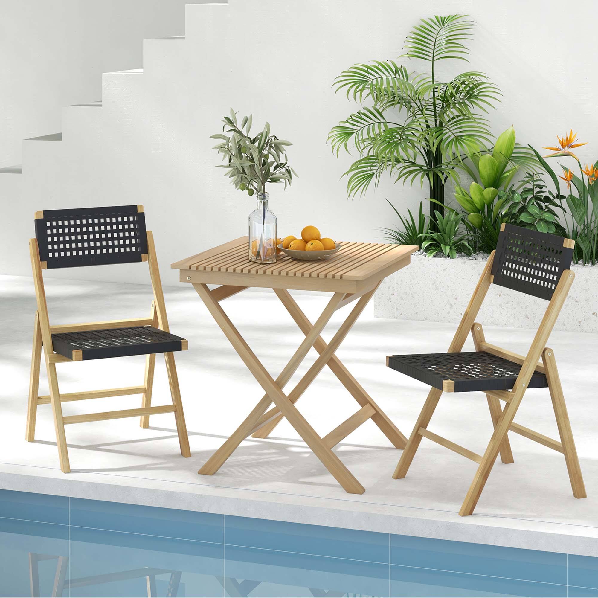 Back. Costway - 4 Piece Patio Folding Chairs with Woven Rope Seat & High Back Indonesia Teak Wood for Porch - Natural + Black.