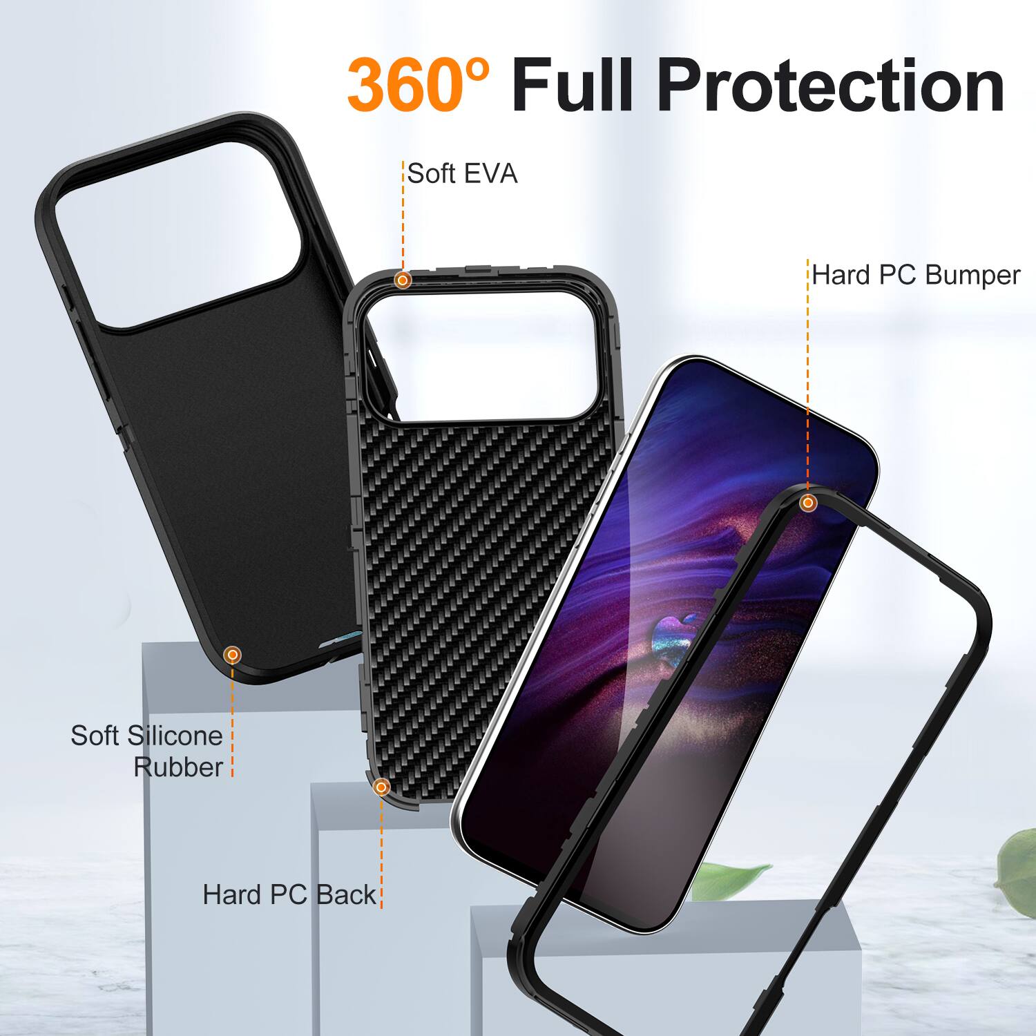360° Full Protection

- Soft EVA
- Hard PC Bumper
- Soft Silicone Rubber
- Hard PC Back