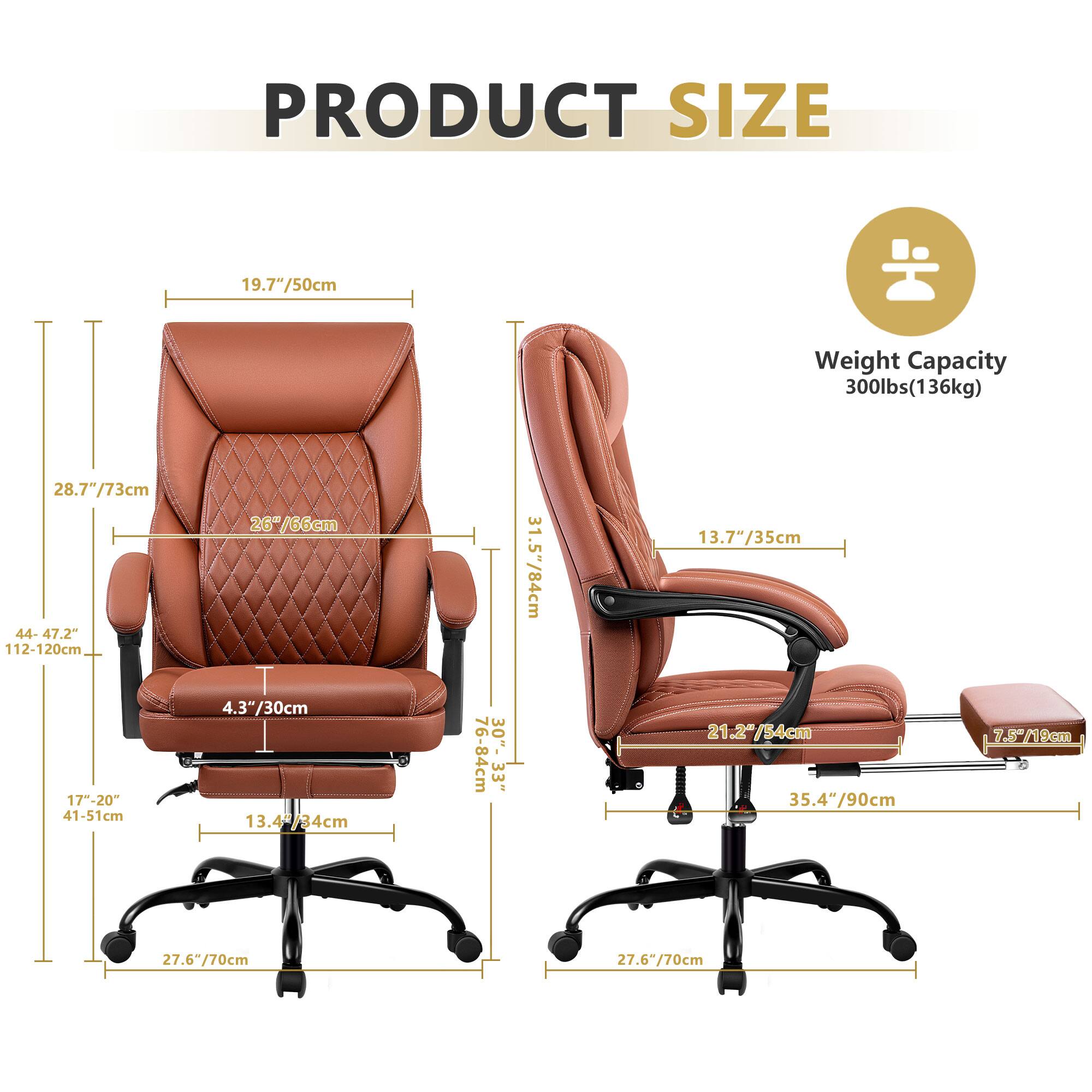 PRODUCT SIZE

- Width: 19.7"/50cm
- Depth: 28.7"/73cm
- Height: 44-47.2"/112-120cm
- Seat Height: 4.3"/30cm
- Seat Depth: 17-20"/41-51cm
- Armrest Height: 26.7"/68cm
- Back Height: 26.7"/68cm
- Overall Height: 35.4"/90cm
- Base Diameter: 27.6"/70cm

Weight Capacity: 300lbs (136kg)