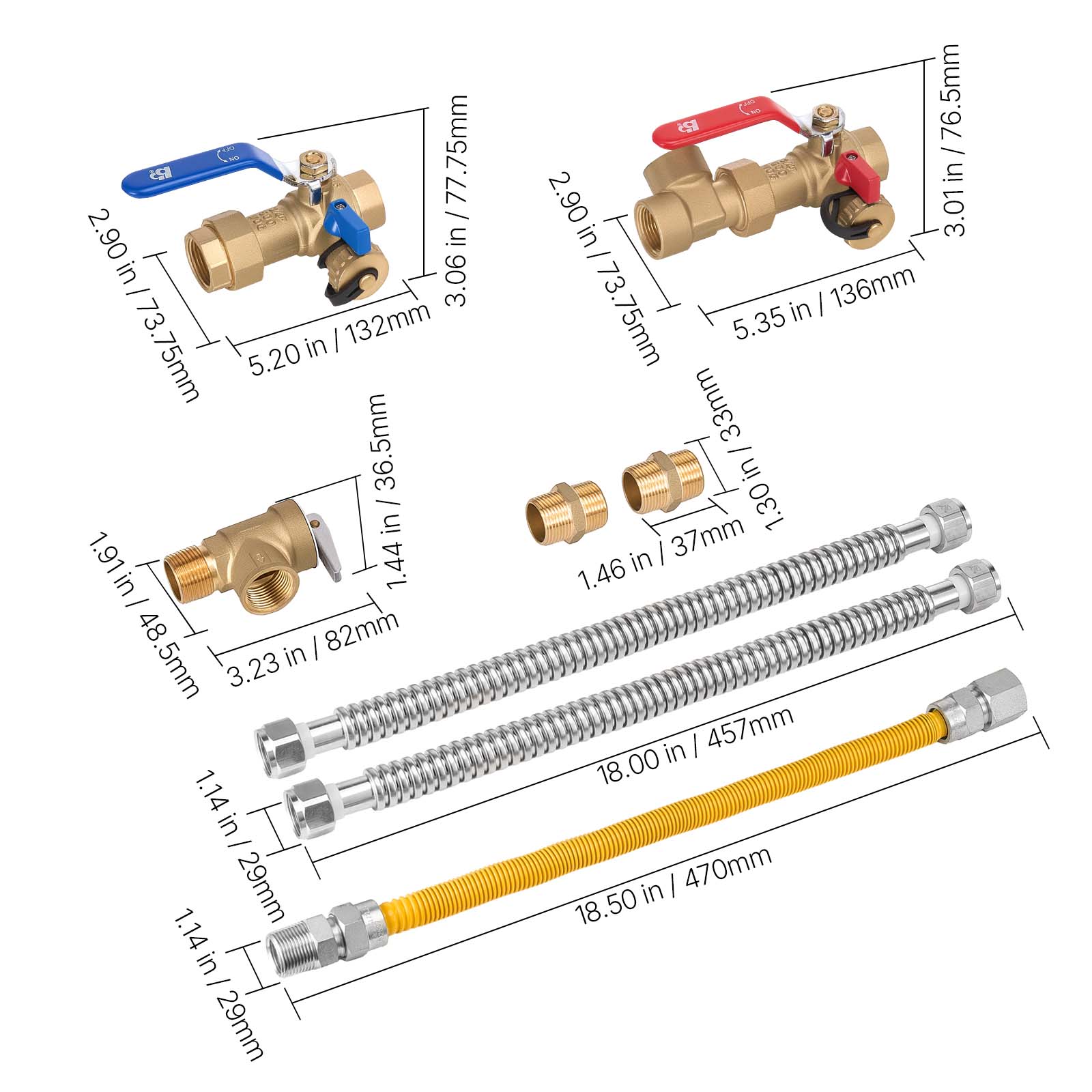 2.90 in / 73.75mm  
3.06 in / 77.75mm  
5.20 in / 132mm  
36.5mm  
1.91 in / 48.5mm  
1.44 in / 36.5mm  
3.23 in / 82mm  
1.14 in / 29mm  
3.01 in / 76.5mm  
5.35 in / 136mm  
1.30 in / 33mm  
1.46 in / 37mm  
18.00 in / 457mm  
18.50 in / 470mm