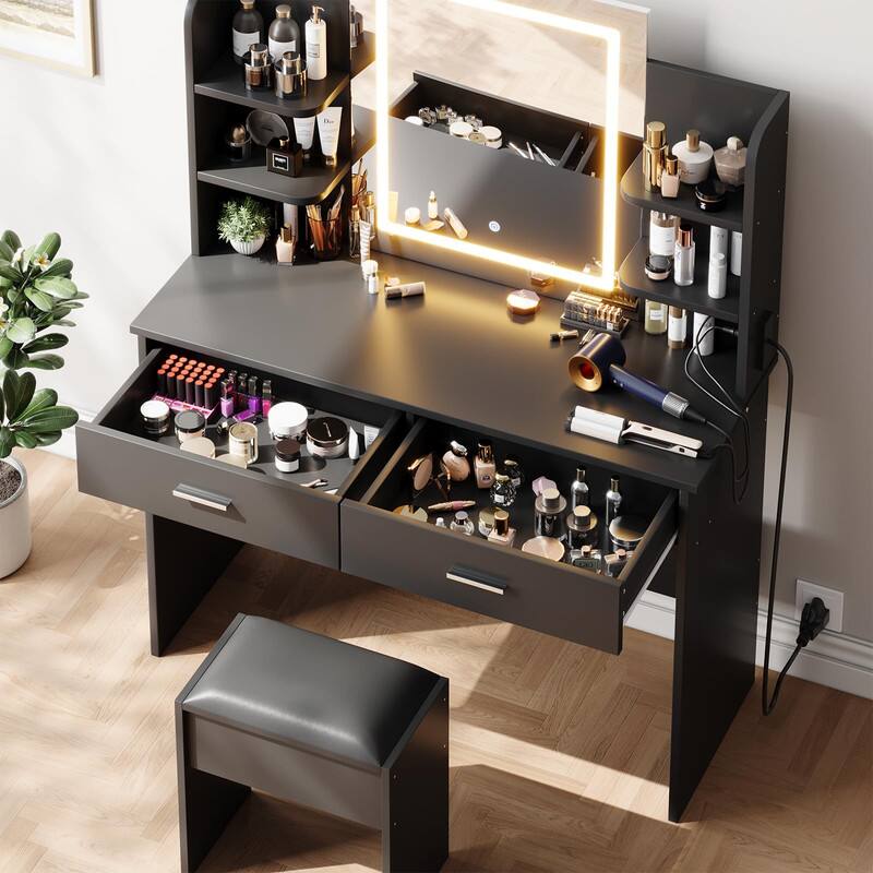 Alt View 1. Qeetex - Vanity Table with Mirror and Lights, Makeup Desk with 2 Drawers, 6 Shelves, Power Outlets for Bedroom - Black.