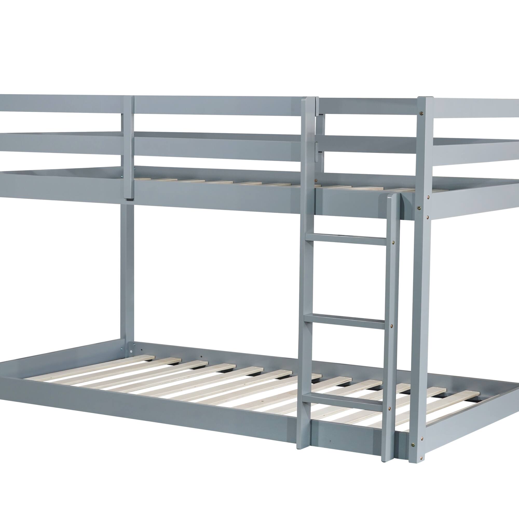 Alt View 5. GOODSILO - Solid Wood Twin Over Twin Floor Bunk Bed with Ladder and Strengthened Slats for Enhanced Stability - Grey.