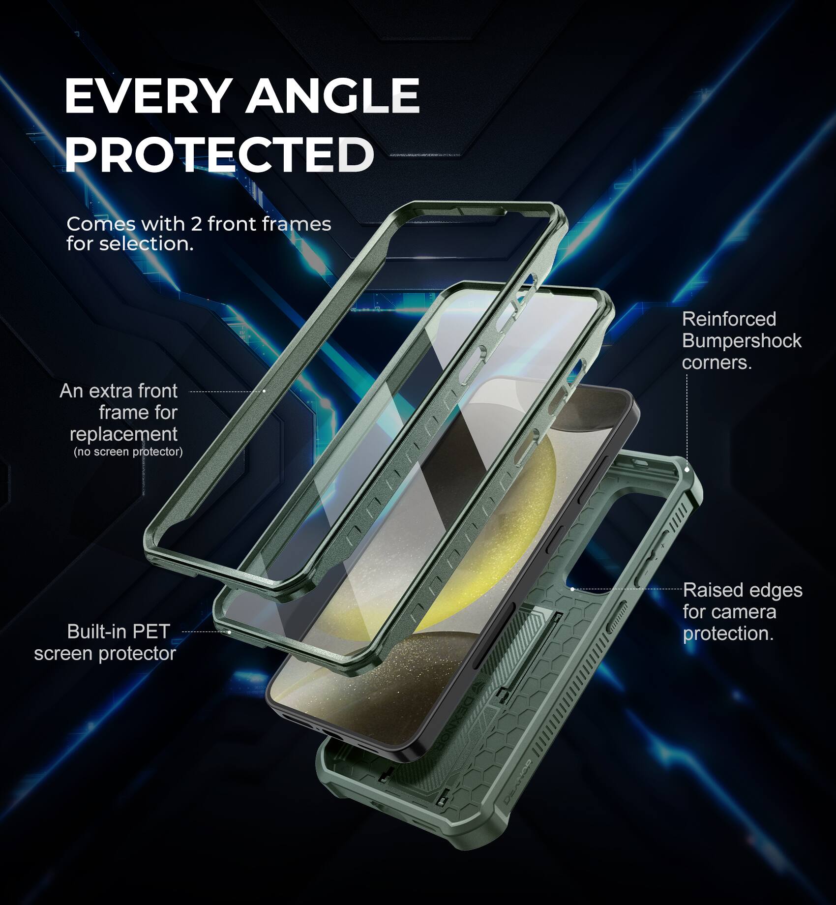 EVERY ANGLE PROTECTED

Comes with 2 front frames for selection.

An extra front frame for replacement (no screen protector).

Reinforced Bumpershock corners.

Built-in PET screen protector.

Raised edges for camera protection.