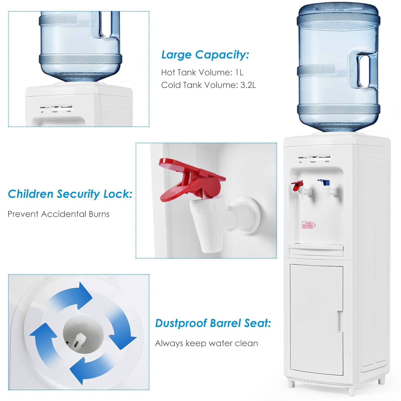 Large Capacity:  
Hot Tank Volume: 1L  
Cold Tank Volume: 3.2L  

Children Security Lock:  
Prevent Accidental Burns  

Dustproof Barrel Seat:  
Always keep water clean