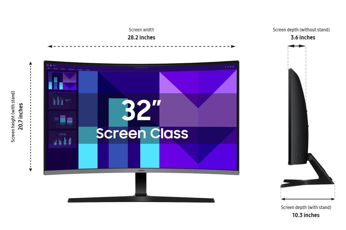 Screen width: 28.2 inches
Screen depth (without stand): 3.6 inches
Screen depth (with stand): 10.3 inches
Screen height: 20.7 inches
Screen Class: 32"