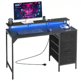 VEVOR - 47" Computer Desk with LED Lights & Power Outlets, Gaming Table with 4 Large Drawers, Office Desk with Monitor Stand - Black
