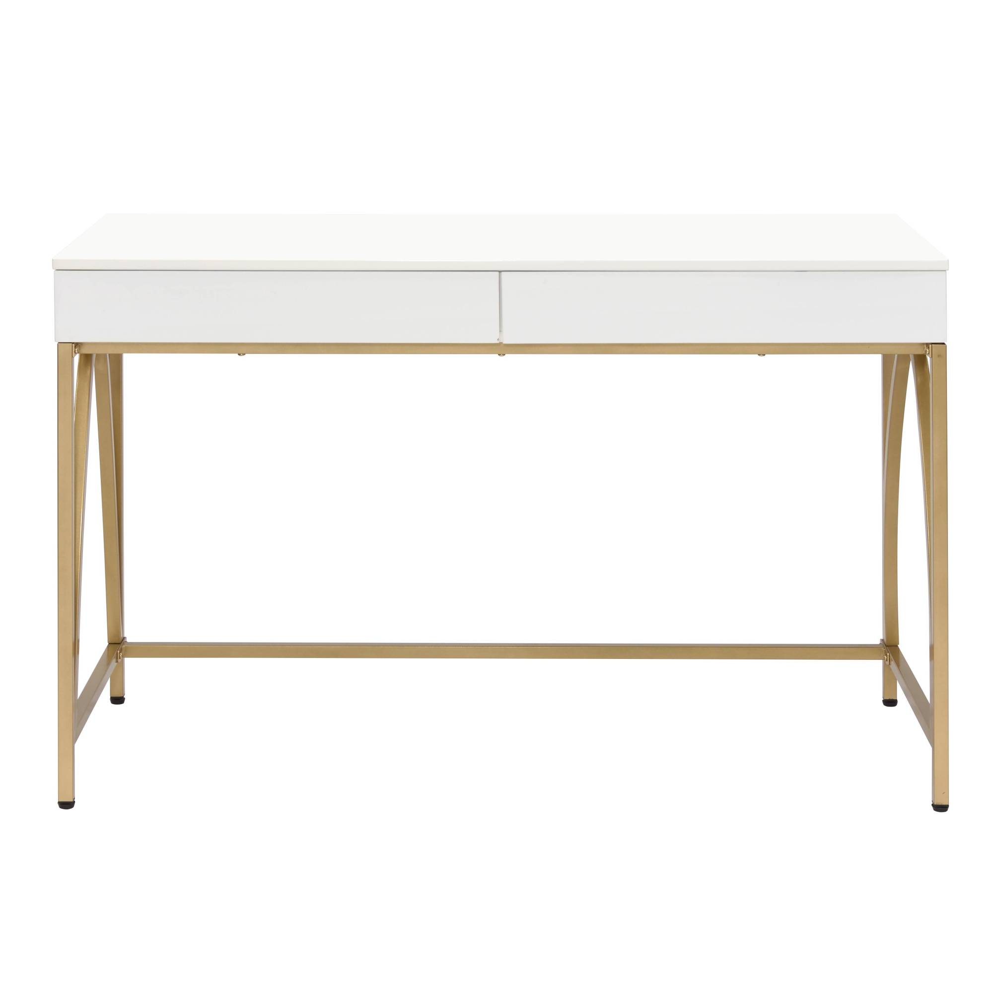 Angle. GOODSILO - Contemporary Writing Desk with Metal Legs and Dual Storage Drawers for Home Office - Gold+White.