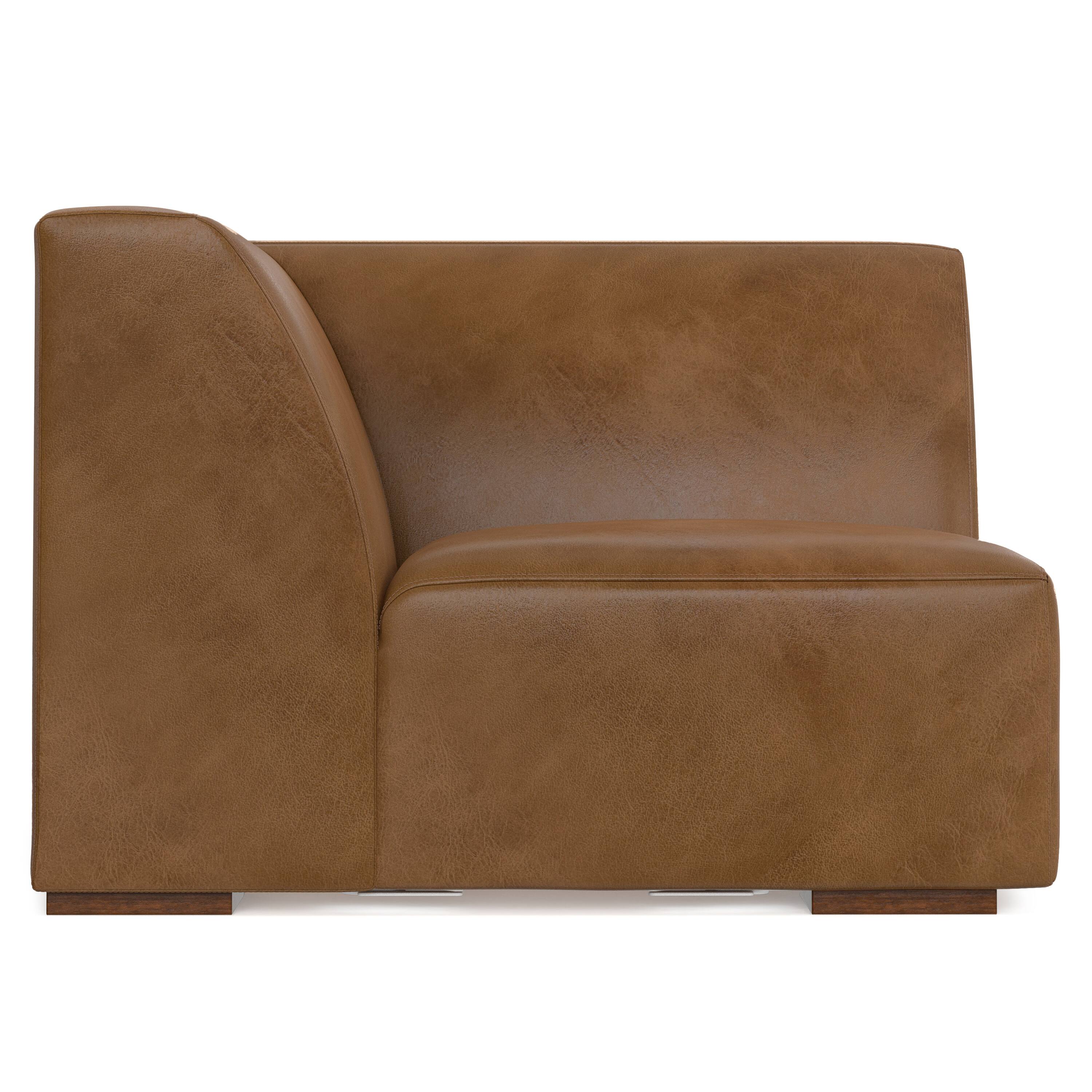 Left. Simpli Home - Rex Corner Sofa Module in Genuine Leather - Caramel Brown.